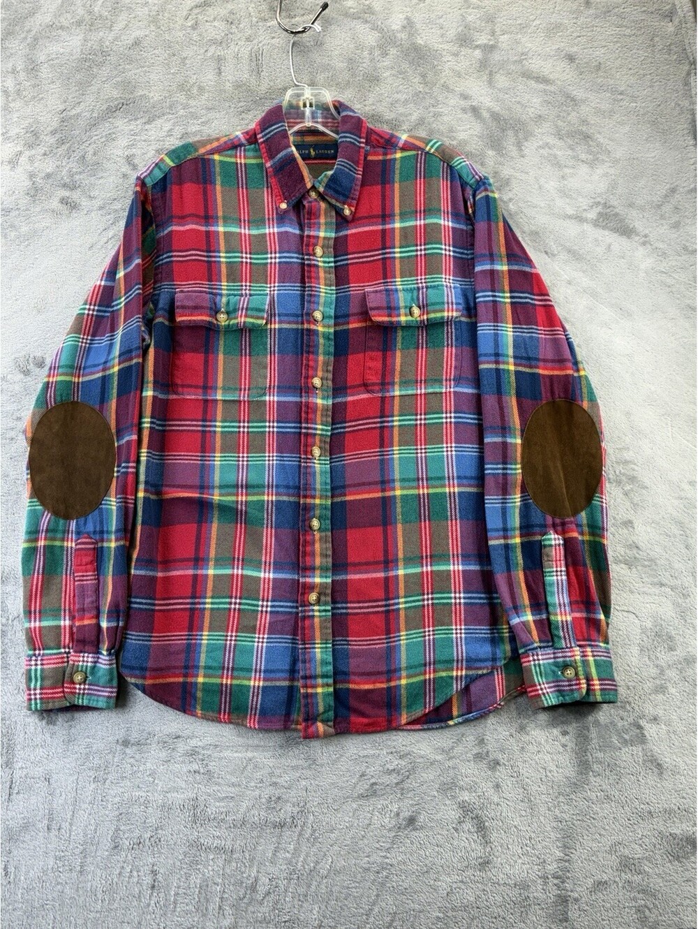 Polo Ralph Lauren Flannel Medium Multicolor Plaid Elbow Patch Tartan Loop
